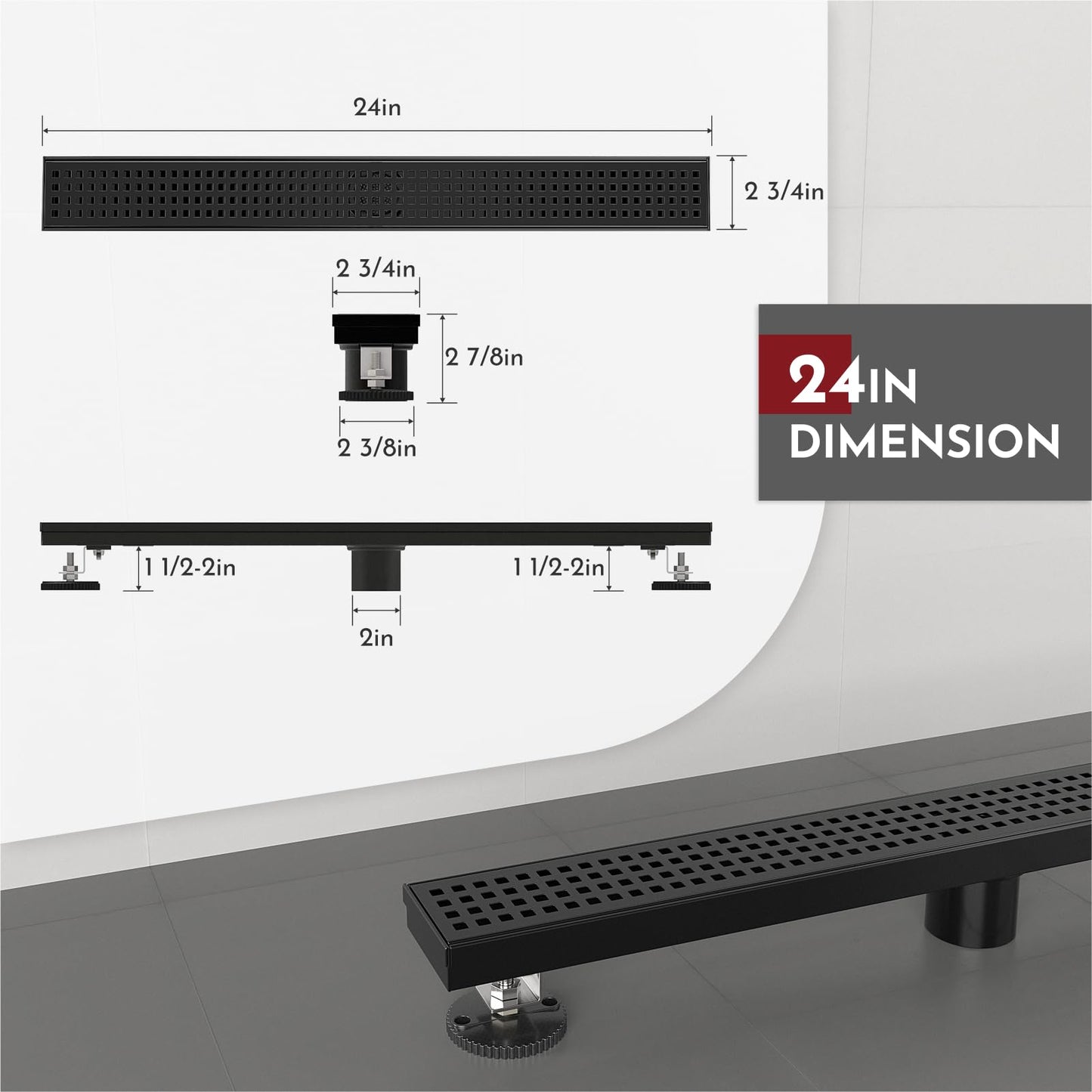WEBANG 24 Inch Rectangular Linear Shower Floor Drain With Accessories,Quadrato Pattern Grate Removable,Food-grade SUS 304 Stainless