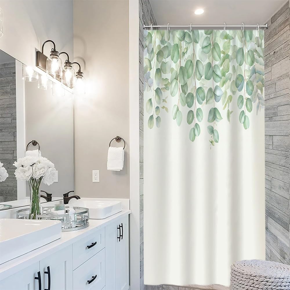 Uiiooazy Green Eucalyptus Stall Shower Curtain, Leaves Pattern Bath Curtain Mildew and Mould Resistant Waterproof Polyester Fabric Washable Opaque