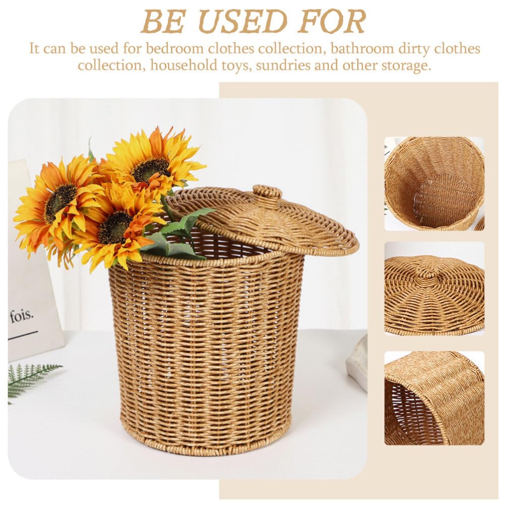 PRETYZOOM Portable Laundry Basket with Lid Woven Storage Bin for Dirty Clothes Sundries and Household Organizing 11X9X9 Inch Compact Container