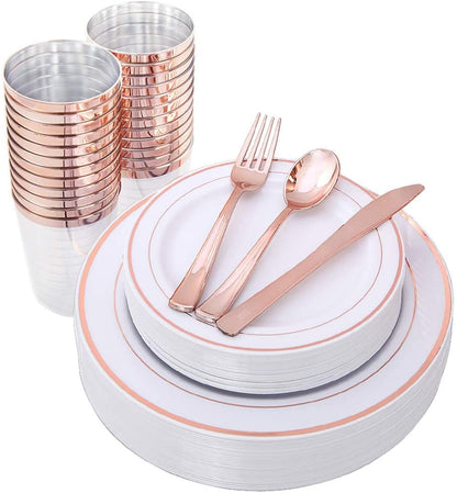 LATERN 150Pcs Multi-Use Rose Gold Plastic Dinnerware Set, 25 x Reusable Dinner Plates, 25 x Salad Plates, 25 x Knive, 25 x Mini Forks, 25 x Spoons, 25