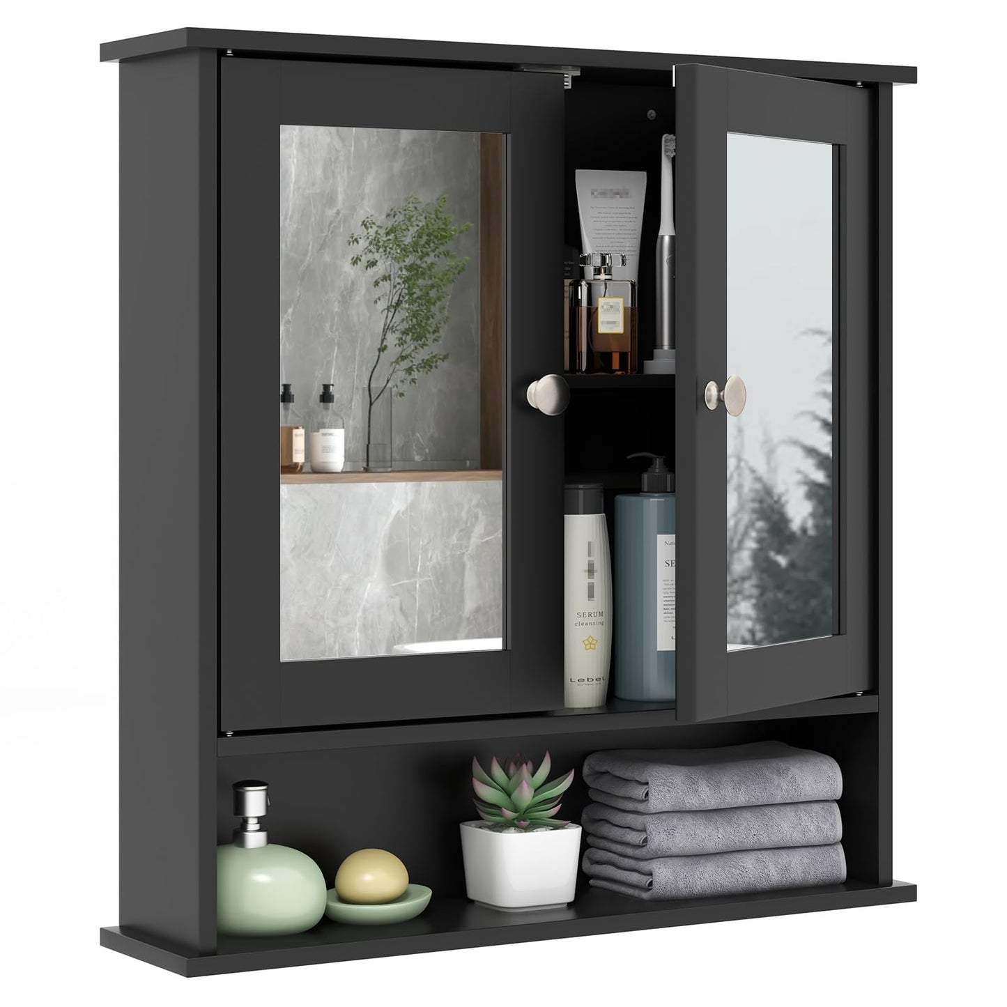 RELAX4LIFE Bathroom Mirror Cabinet, Wall Mounted Display Organizer Unit with Mirror, Double Door & Adjustable Shelf