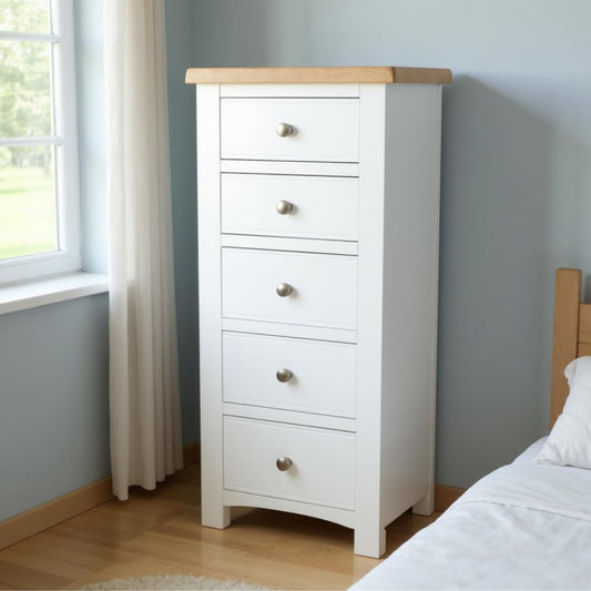 GROF Premium Chest of Drawer Slim Tallboy, 5 Drawer Tall Chest, Painted Bedroom Furniture, Painted White Tallboy Chest of Drawers for Bedroom, Fully
