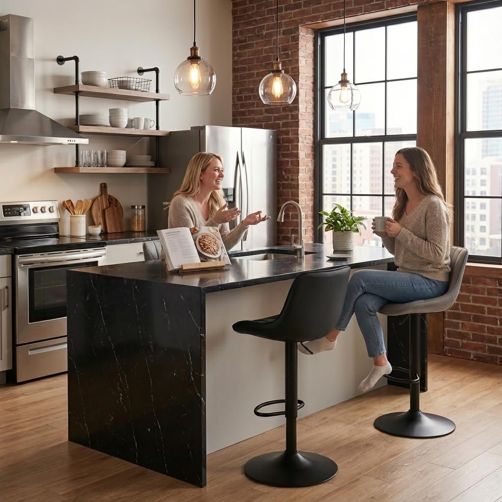 YOUNIKE Bar Stools Set of 2, Swivel Tall Barstools with Back, Adjustable Height Faux Leather Upholstered Modern Counter Height Bar Chairs