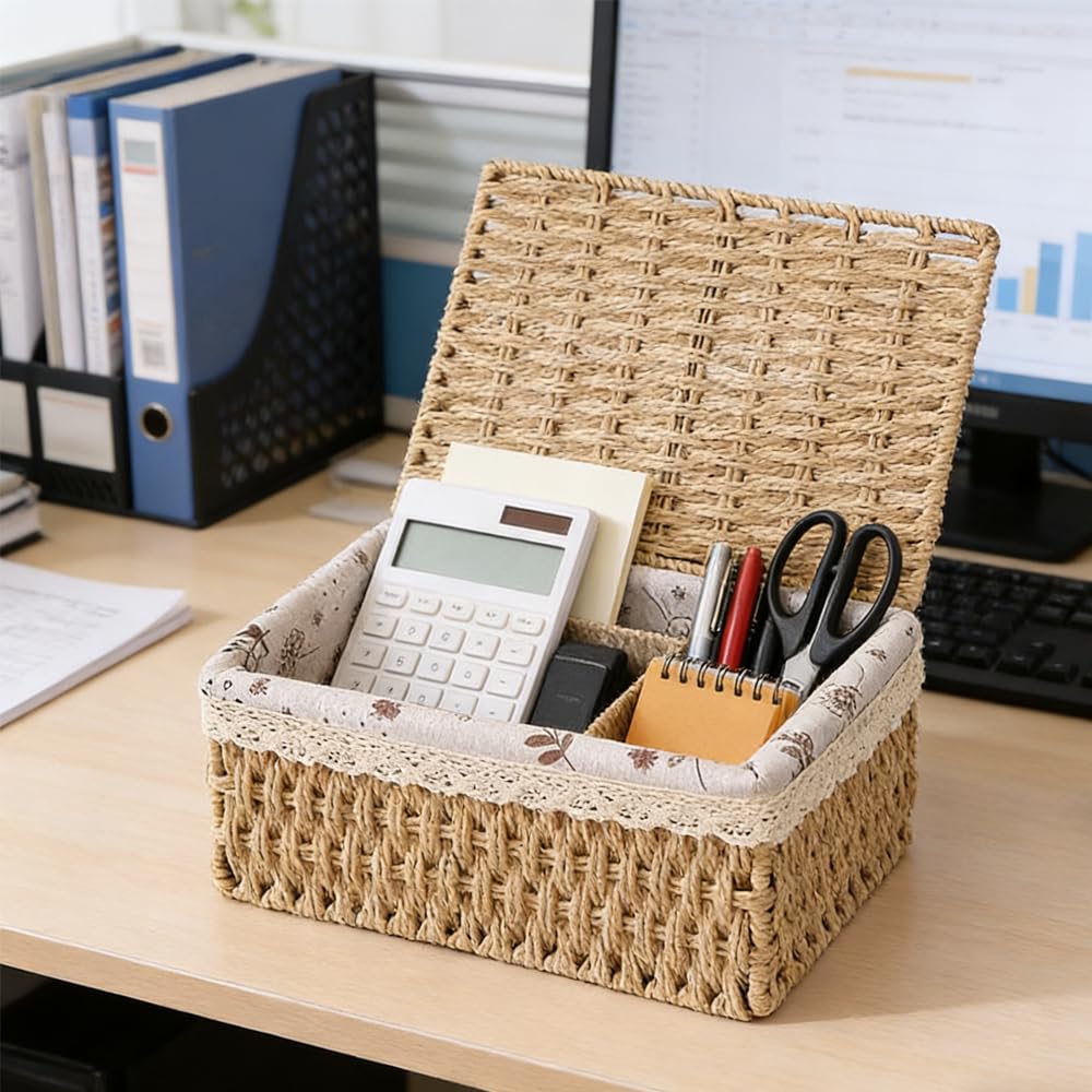 KiKiHong 3 Piece Storage Baskets with Lids,3 Sizes Woven Basket With Lid
