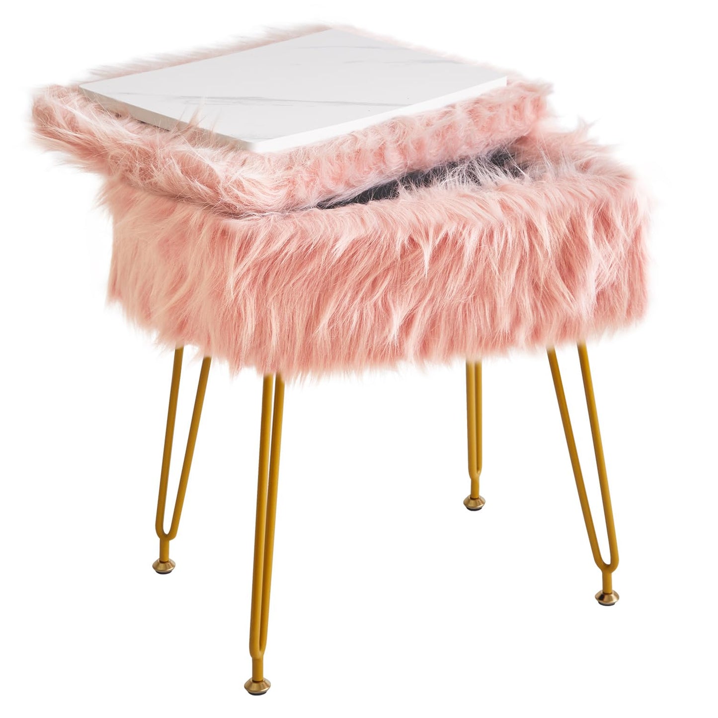 IBUYKE Rectangular Faux Fur Vanity Stool with Storage, Pink WBD022P