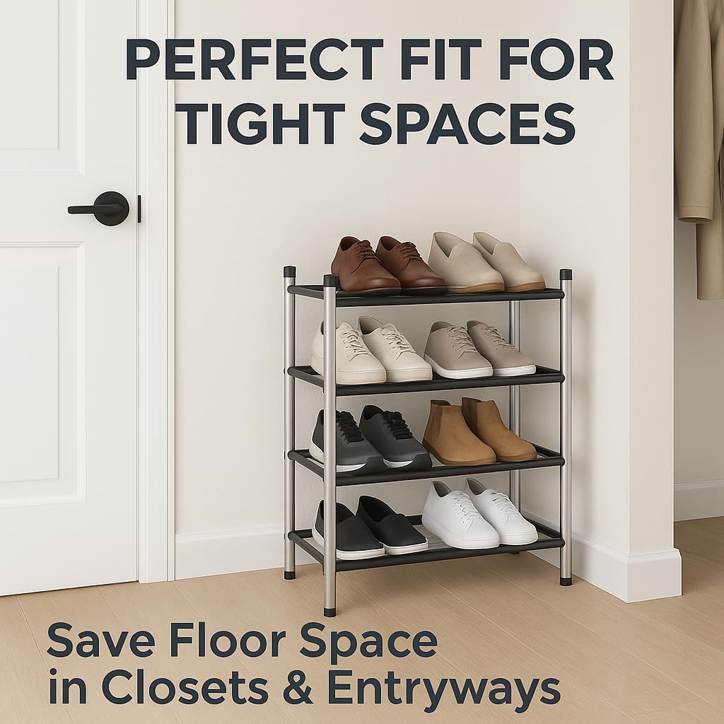 USTECH 4 Tier Adjustable Metal Shoe Rack Storage Organizer | Portable, Large, Free Standing Closet Shelf for Bedroom and Entryway for Kids and Adults