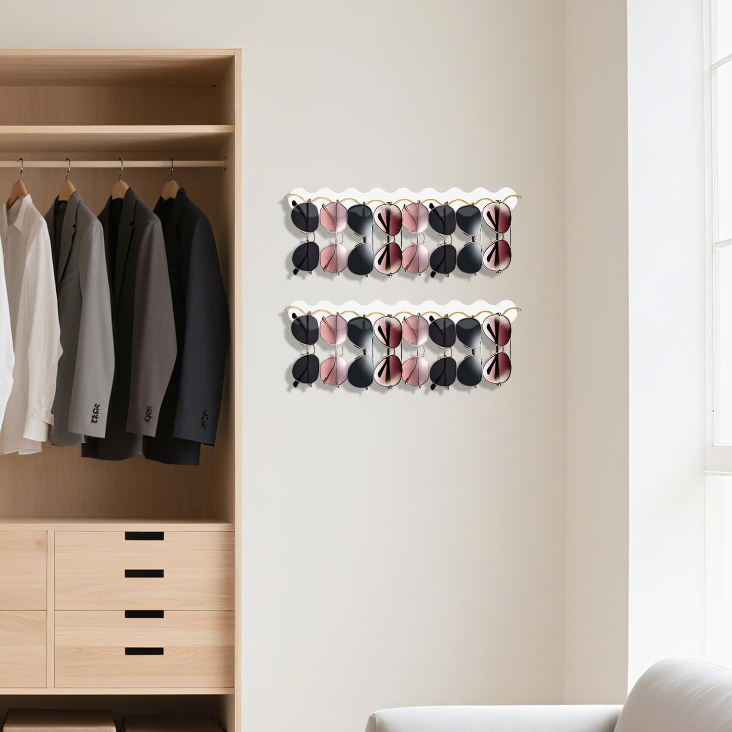 Lampaggio 2 Pack Sunglass Organizer Wall Mount, Wooden Eyeglasses Holder Rack with 16 Slots