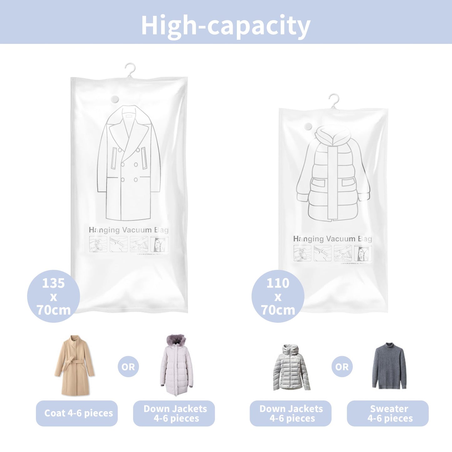 WeeGoo 6 Pack Hanging Vacuum Storage Bags with Pump, Wardrobe Space Saving