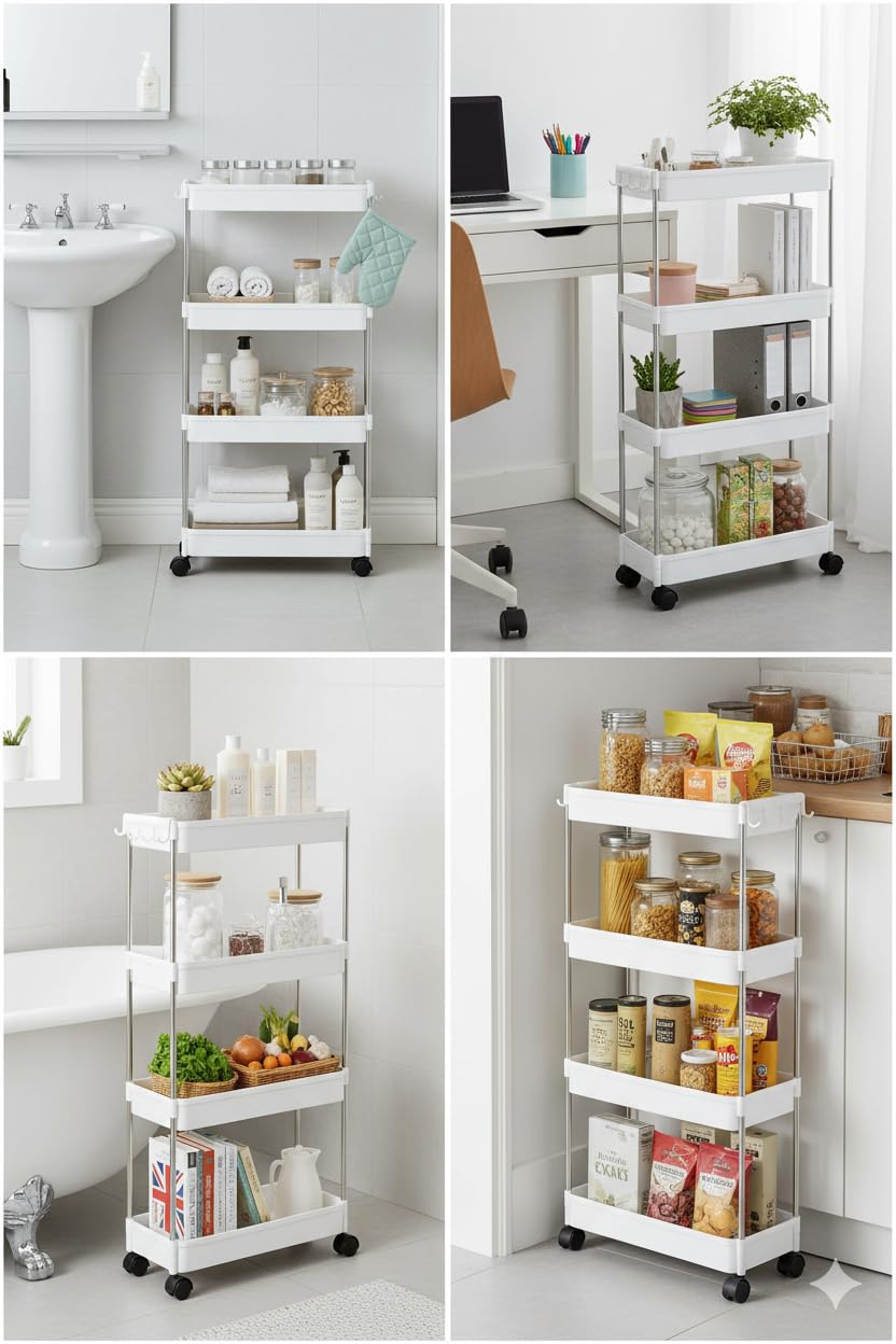 CELINO making your day 4-Tier Storage Trolley Cart Slide-out Slim Rolling Utility Cart Mobile Storage Shelving Organizer for Kitchen, Bathroom