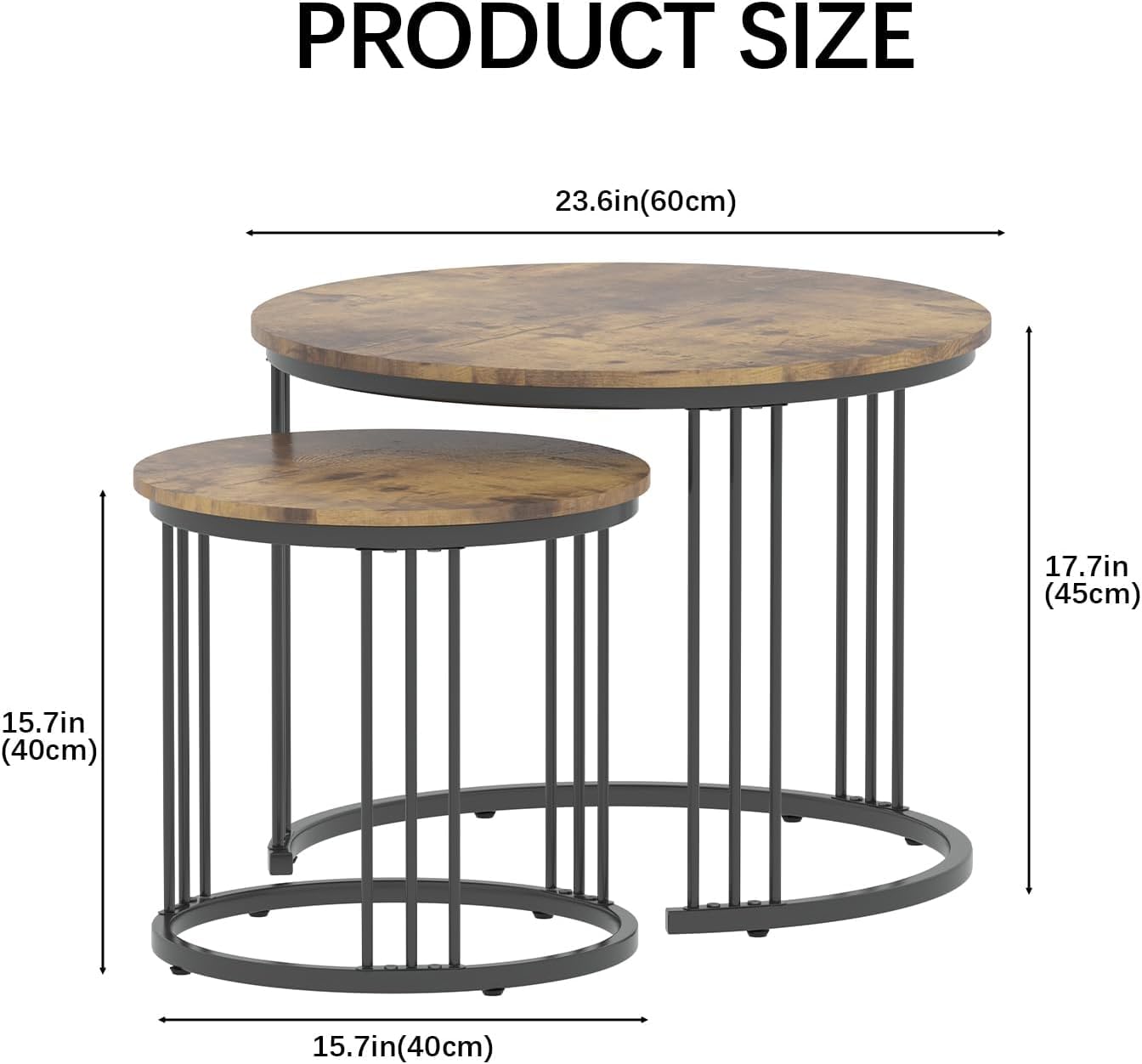 Huhote Round Coffee Tables, Set of 2 End Table, Nesting Tables, Side Table with Metal Frame for Living Room/Bedroom/Balcony/Office/Apartment