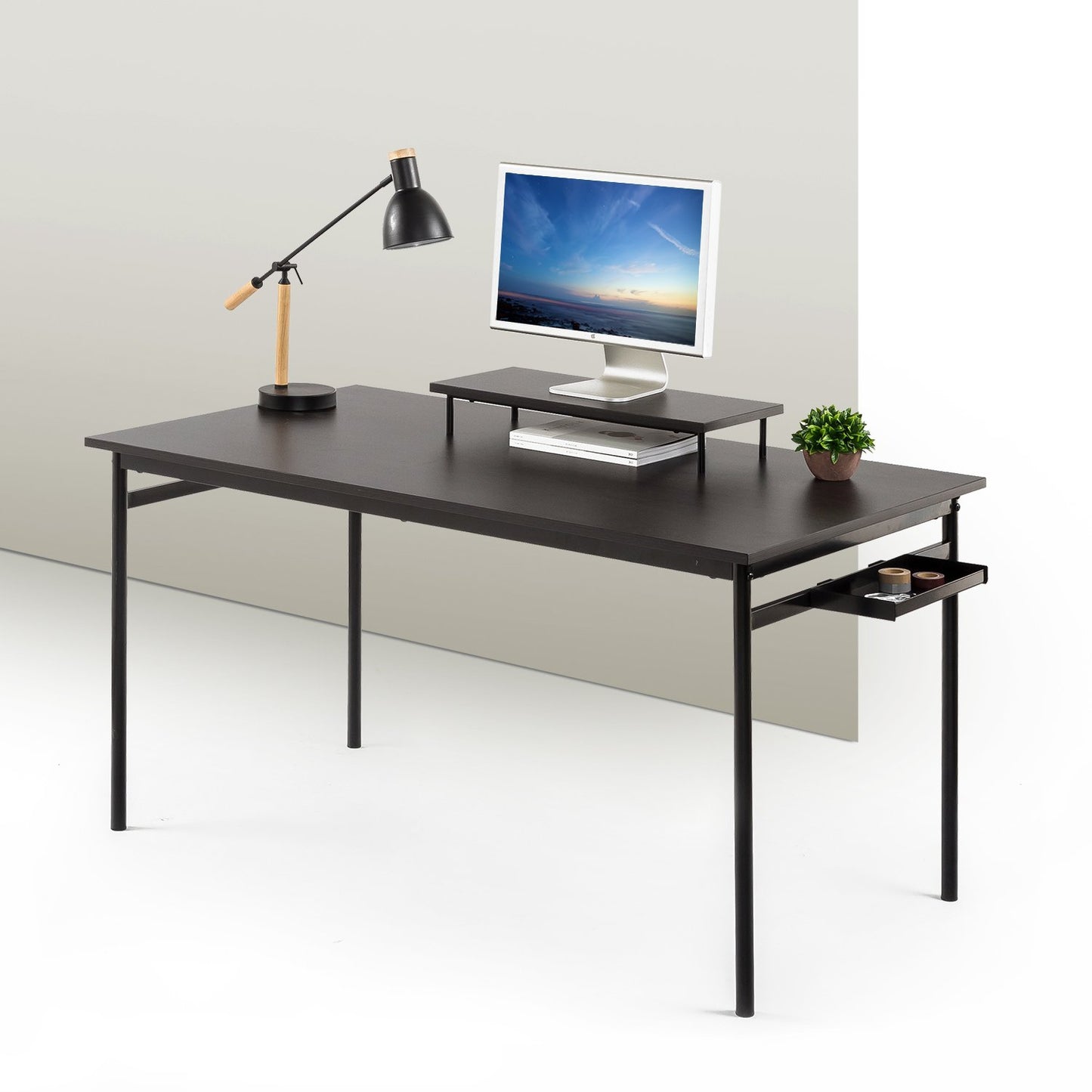 ZINUS Tresa 140 x 75 cm Black Metal Desk with Storage and Monitor Stand | Workstation with Espresso Finish | Computer Desk | Easy Assembly