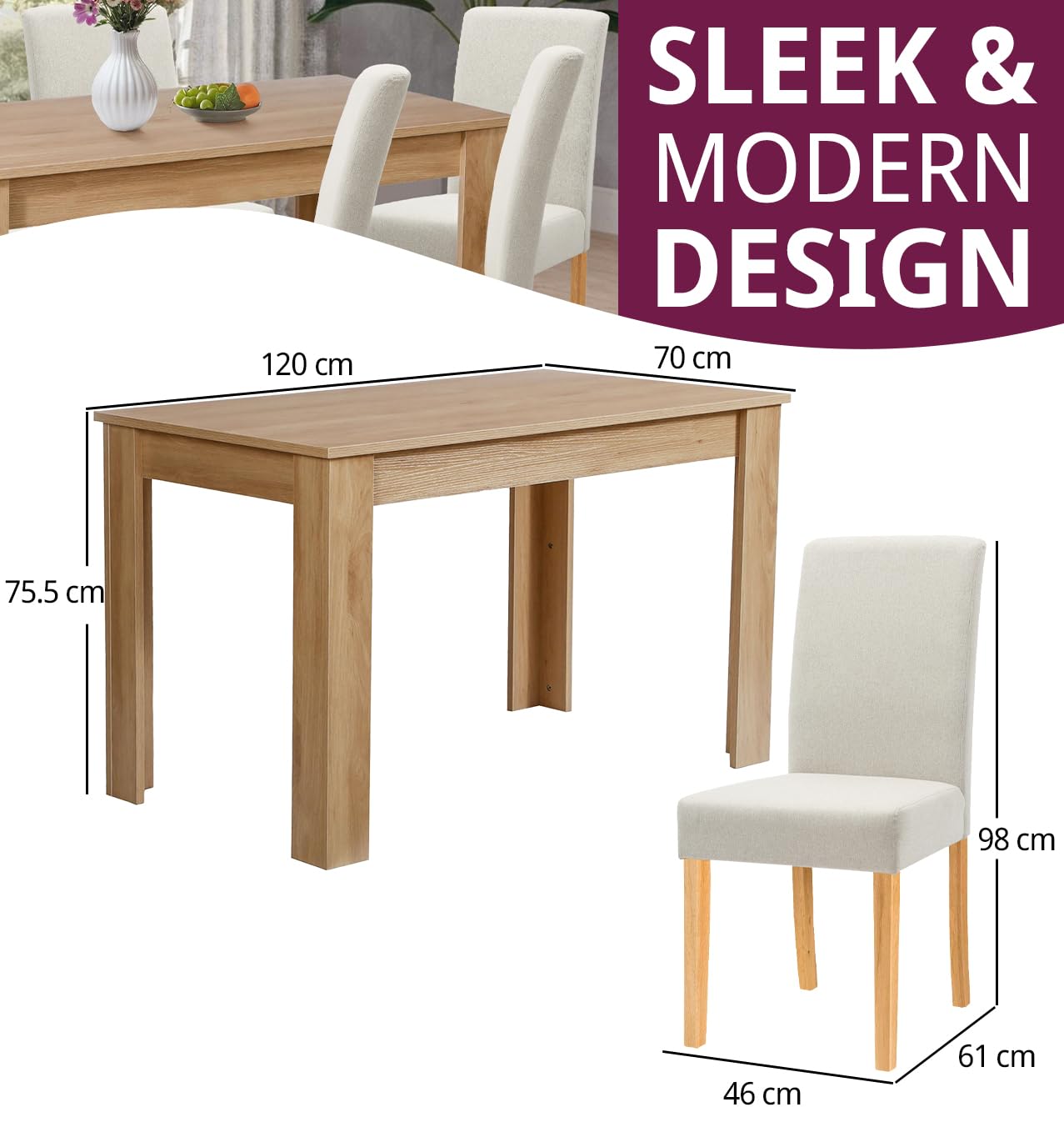 Hallowood Furniture Newquay Large Oak Dining Table and Chairs Set 6, Beige