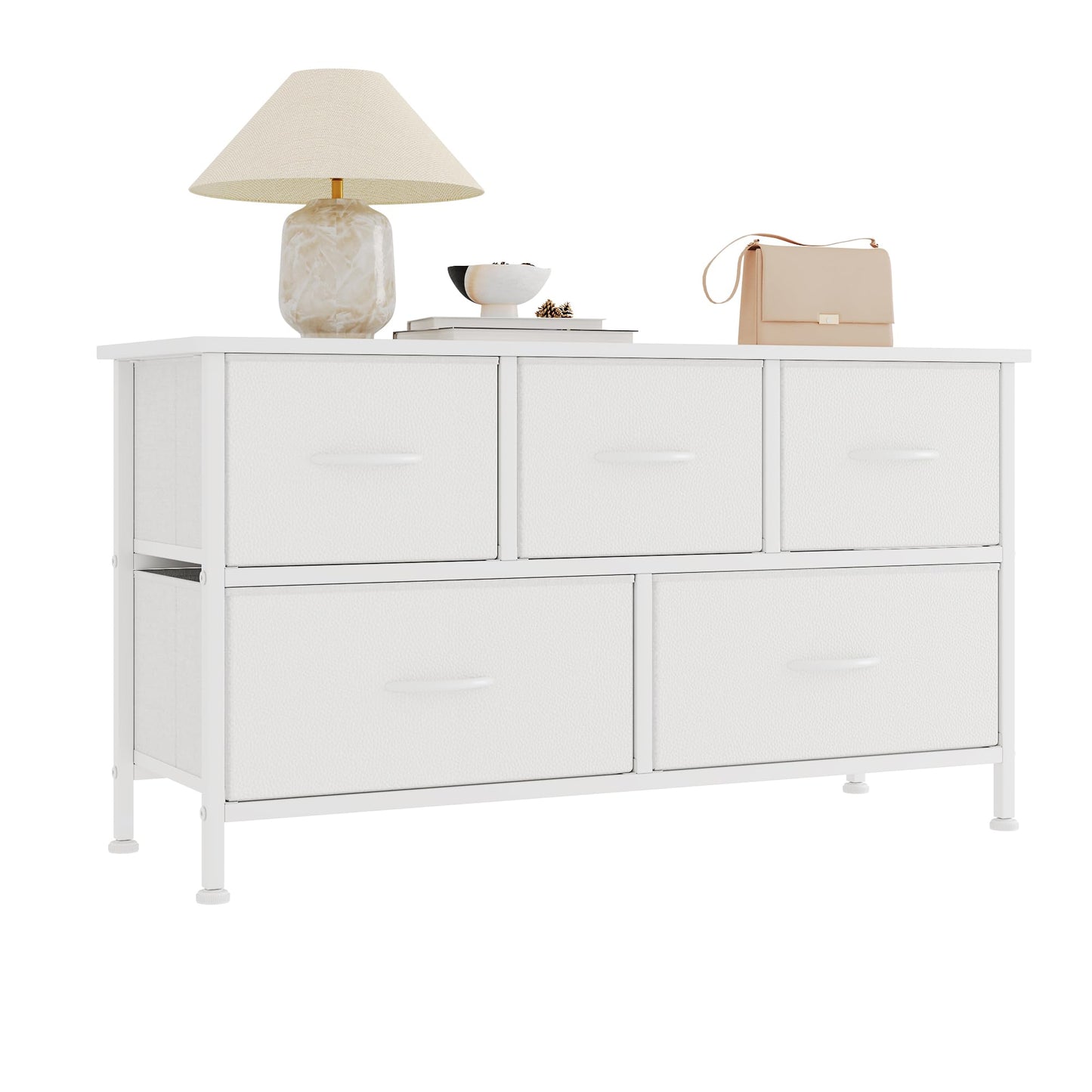 CAIYUN Chest of Drawers with 5 drawers, White Fabric Dresser with Wood Top for Bedroom, Living Room, Large Storage Space