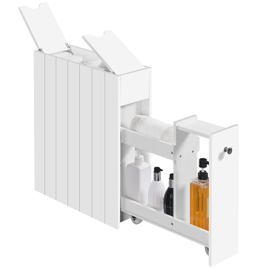 Yaheetech Slim Bathroom Floor Cabinet, Narrow & Compact Bathroom Organizer with Drawer & Slide Out Shelf, Freestanding Storage Unit on Wheels, White