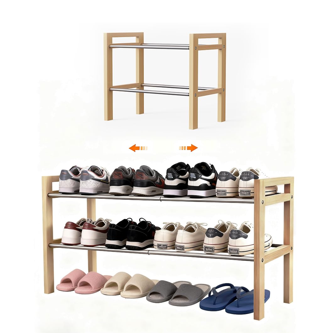 LEMIKKLE Shoe Rack Wooden, 2-Tier Oak Shoe Rack Expandable Stainless Steel Design, Ideal for Small Shoe Storage for Narrow Space