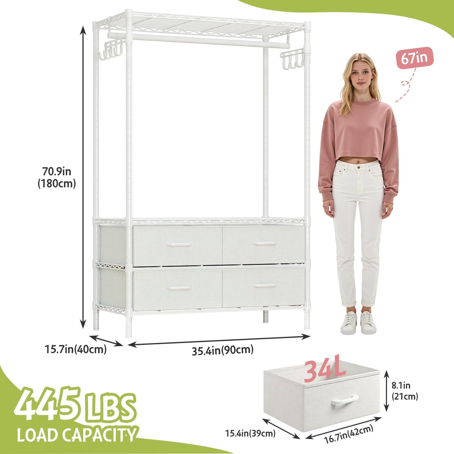 FTEYUET Clothes Rail Heavy Duty for Hanging Clothes with 4 Fabric Drawers
