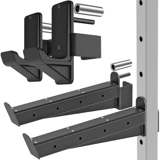 Kipika Safety Spotter Arms and J-Hooks for 2" x 2" Power Racks with 5/8" or 1" Hole - Heavy Duty Barbell Holders and Catches with Rubber Pads - Power