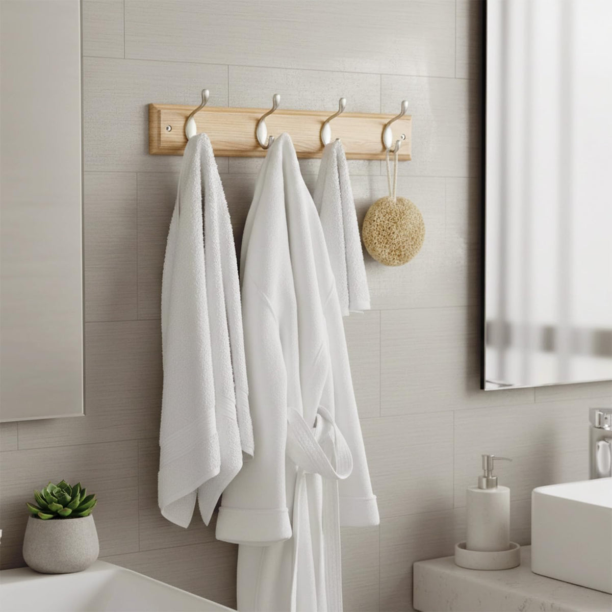 Flatro Coat Hooks Wall-Mounted Fixings Included MDF with a Bamboo Finish Coat Rack with 4 Zinc Alloy Hooks to Hang Hats, Jackets, Bags, Keys