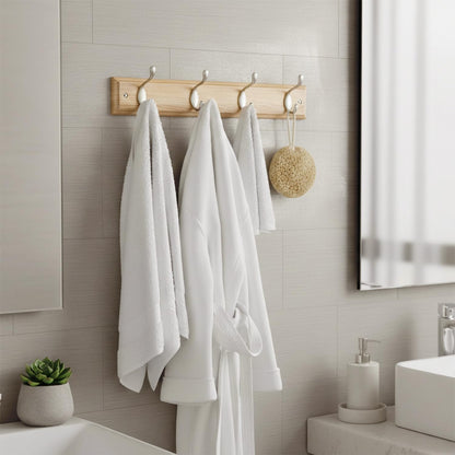 Flatro Coat Hooks Wall-Mounted Fixings Included MDF with a Bamboo Finish Coat Rack with 4 Zinc Alloy Hooks to Hang Hats, Jackets, Bags, Keys