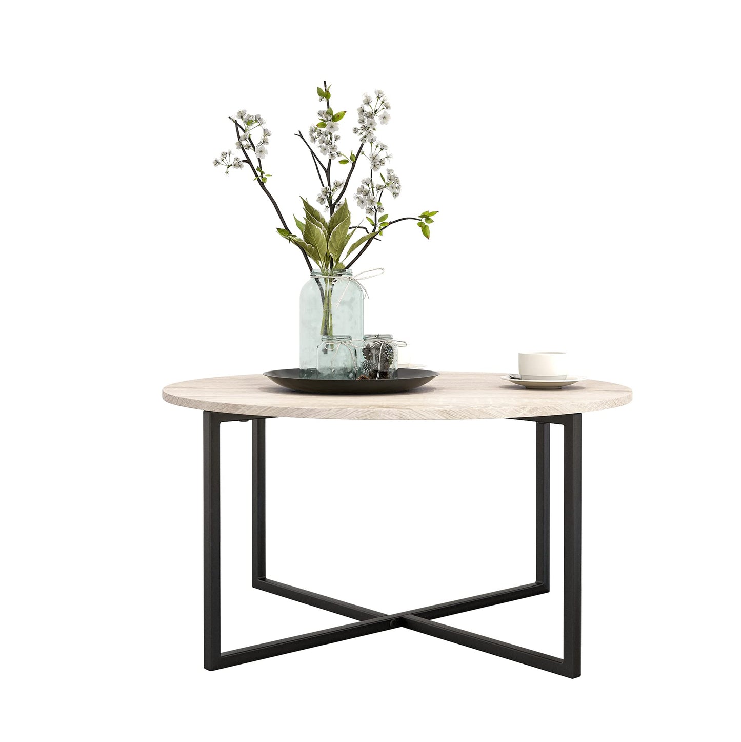 HOJINLINERO Round Coffee Table Tea Table End Table Sofa Table for Living Room,Industrial Style Cocktail Table,Durable Metal Frame with Wood Look