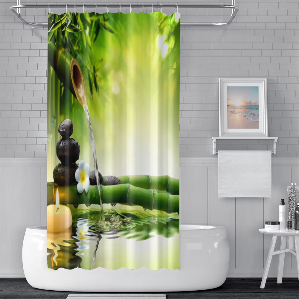 SDOTPMT 180x180cm Spa Bamboo Shower Curtain Green Leaves Aromatic Candles Water Therapy Floral Bath Curtain Zen Meditation Basalt Stones Bathtub