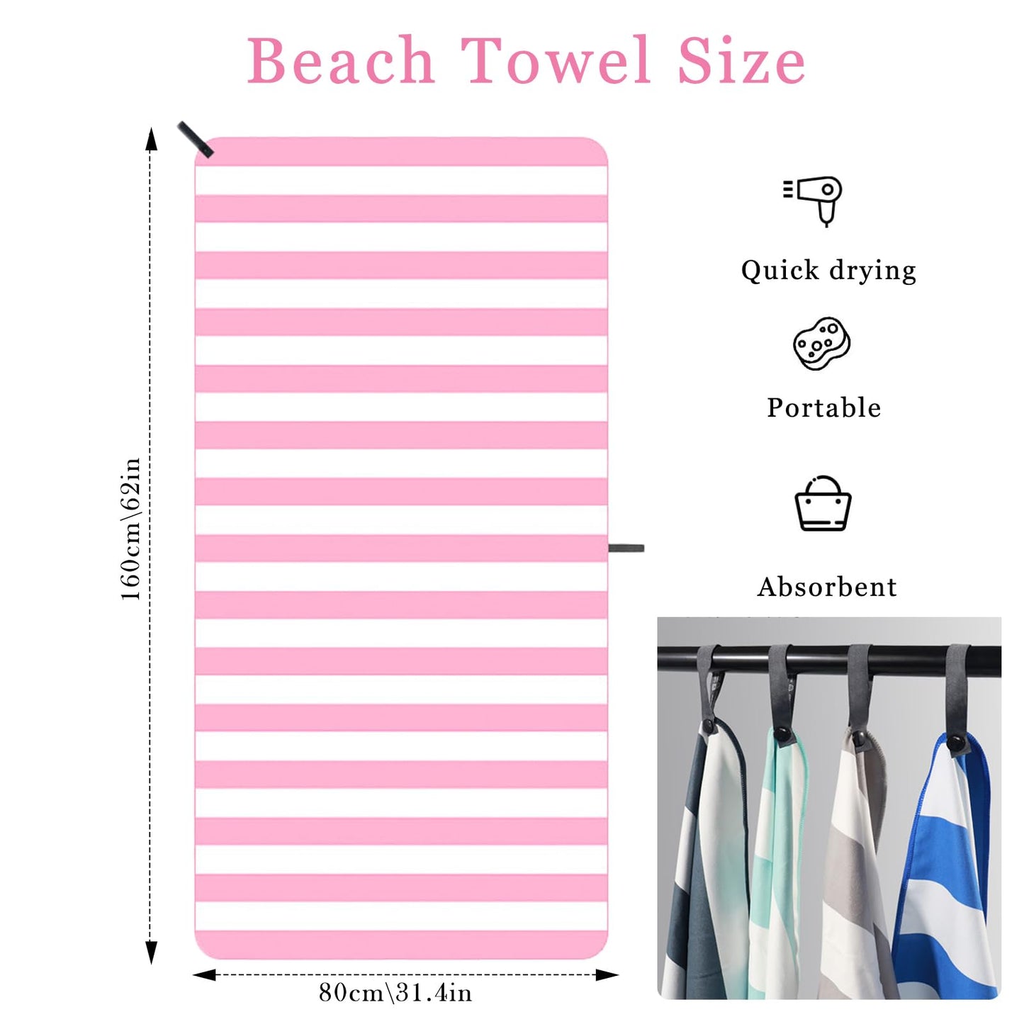 DDUP Microfibre Beach Towel, 160x80cm Extra Large Sand Free Beach Towels for Adults,Soft and Lightweight Travel Towel,Double Sided Quick Dry Super