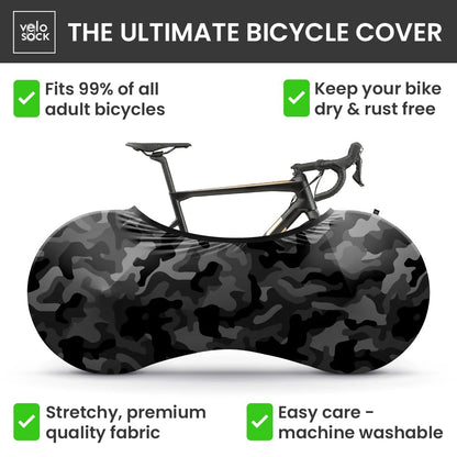 Velo Sock Bicycle Indoor Cover for Storage and Transportation, Stretchy Dirt Proof Fabric, Bike Travel Protection Cover Camo Black