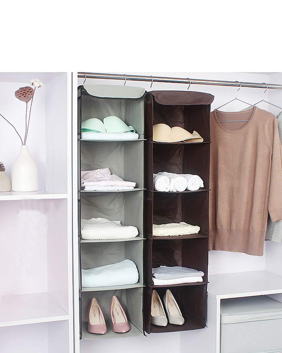 BrilliantJo Hanging Storage with 5 Shelves Set of 2 Wardrobe Closet Organiser, Storage Shelves Unit with 6 Pockets for Clothes - Grey 108H x 30W x 30L