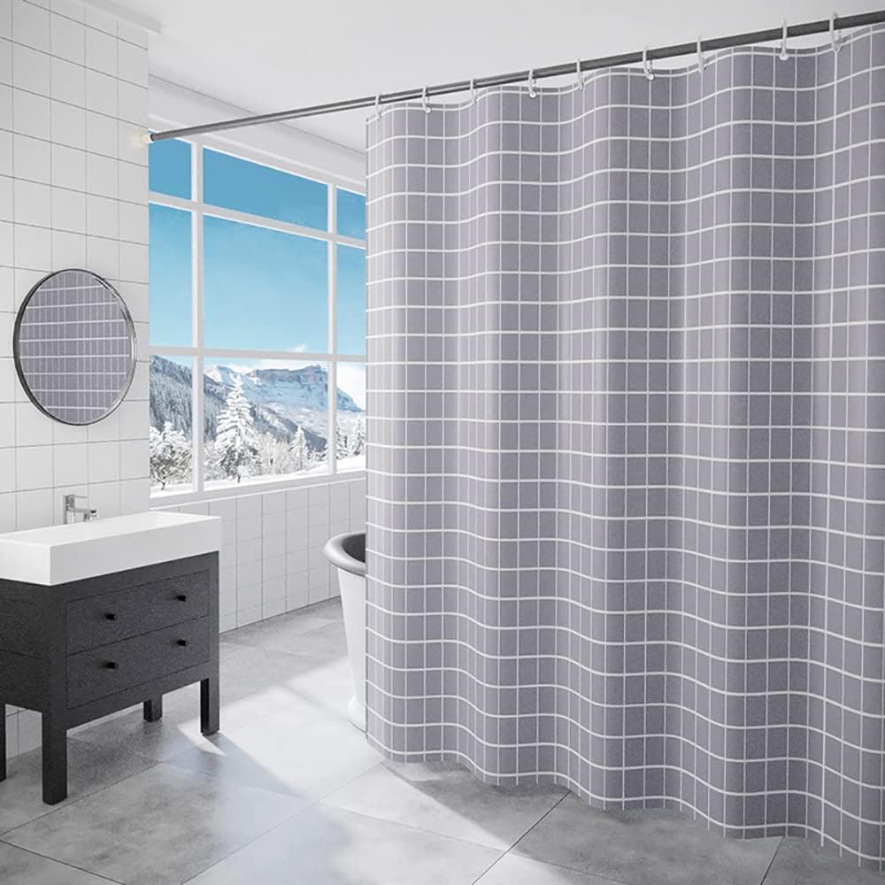 Lkw Ogechi Grey Shower Curtains Extra Wide Waterproof 180x200 cm, Grid Shower Curtain Washable, Waterproof Modern Weighted Shower Curtain, Fabric Anti