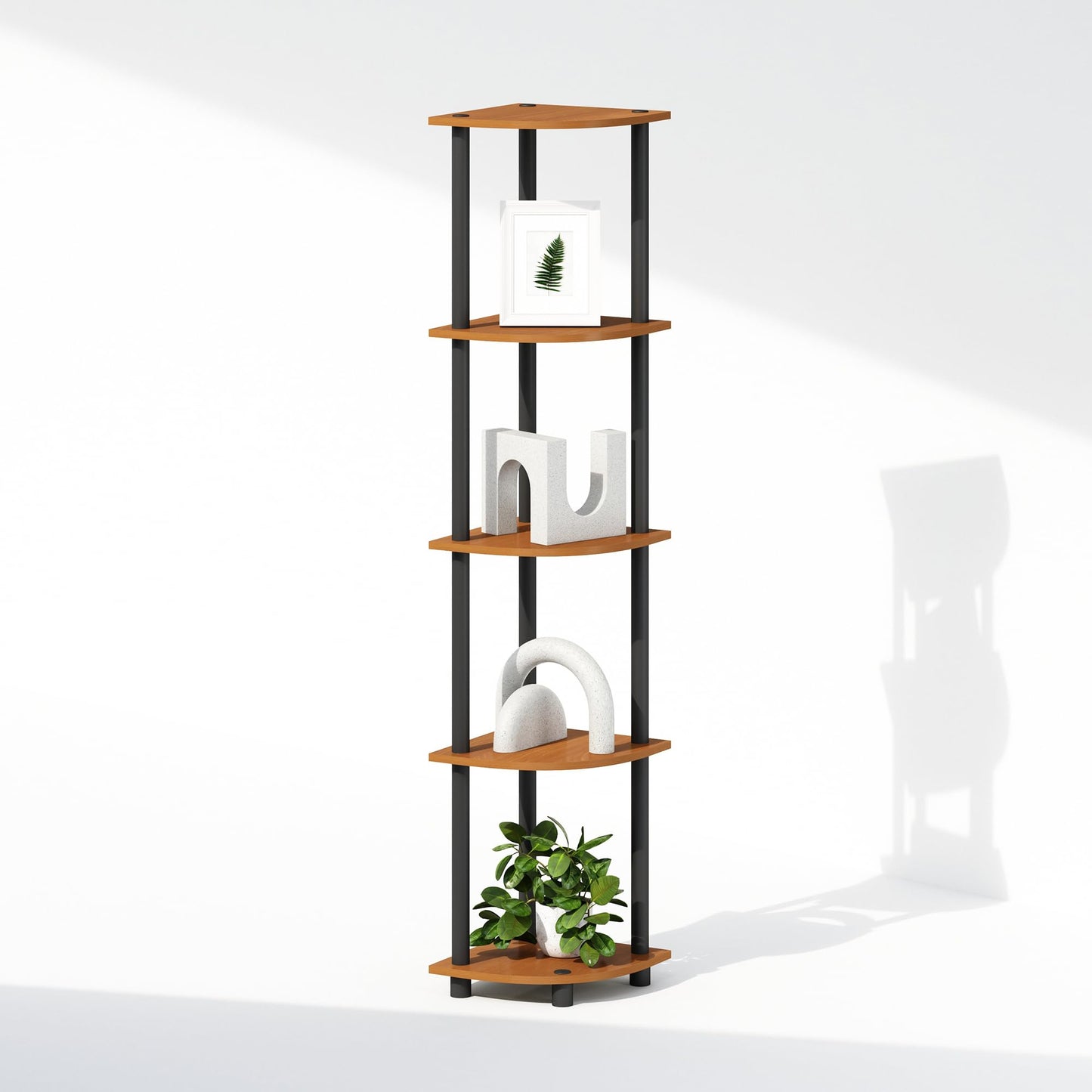 Furinno TURN-N-TUBE Corner Shelf, 5-Tier Corner Display Rack, Shelving Unit, for Organization and Storage, Living Room, Home Office, Garage, Bedroom