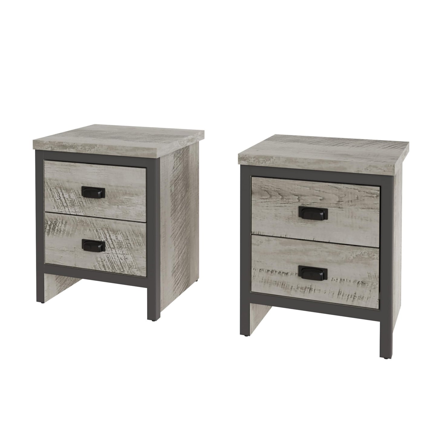 GFW Boston Pair of 2 Drawer Bedside Tables, Grey Wood Effect Bedside Cabinets, Industrial Style Nightstands with Storage Drawers