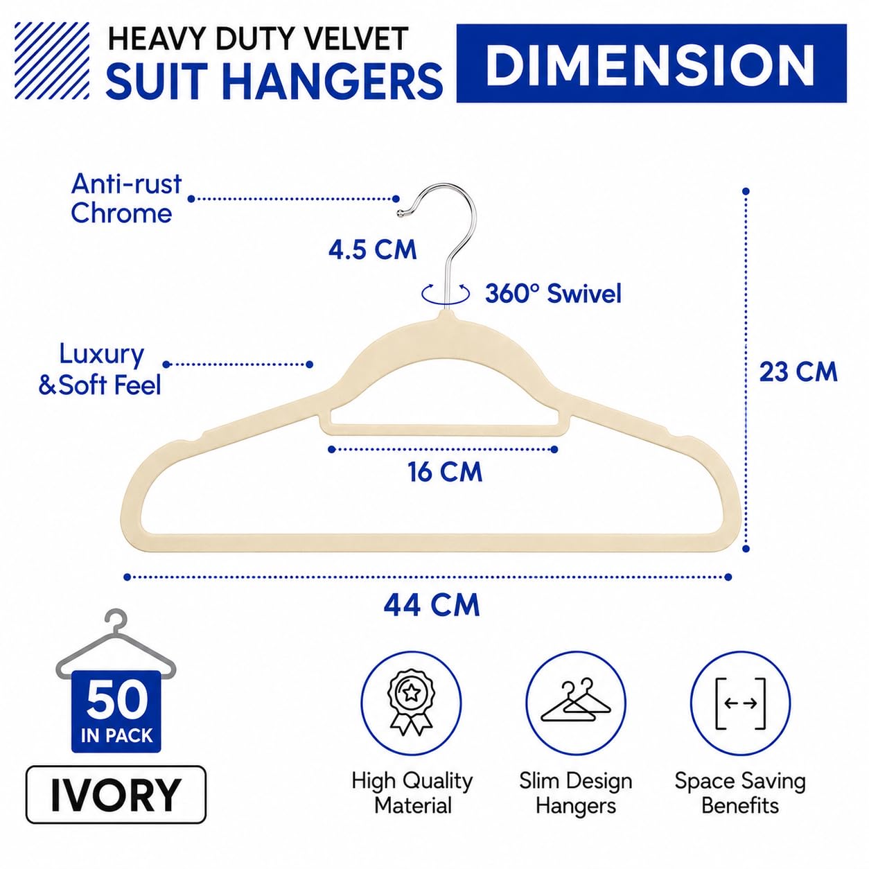 1ABOVE Premium Quality 50 pack Non-Slip Velvet Hangers (44cm) Heavy Duty Velvet Suit Hangers with Tie Bar, 360° Swivel Hooks – Space saving