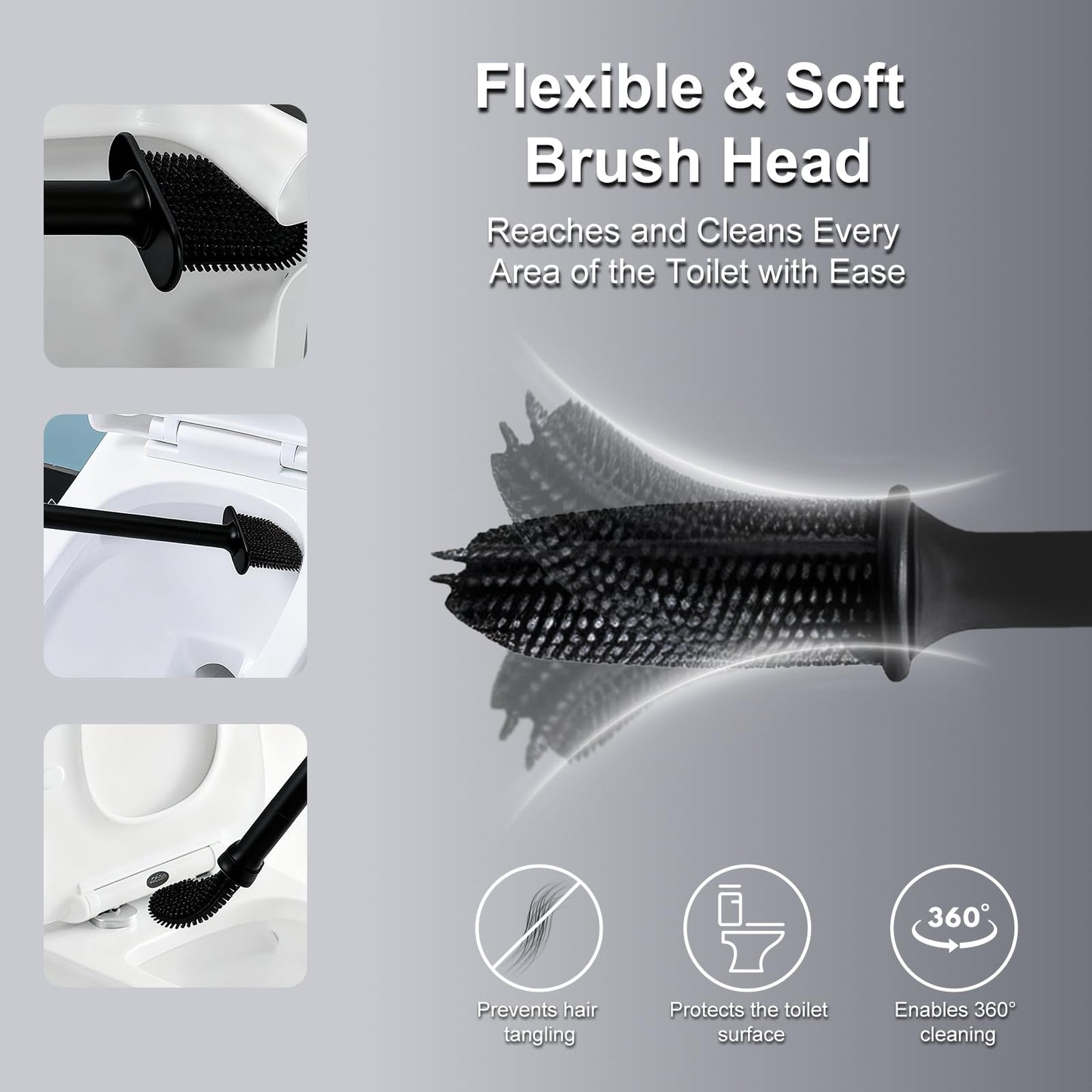 Silicone Toilet Brush Wall Mount Flat Flexible Head Bathroom Set