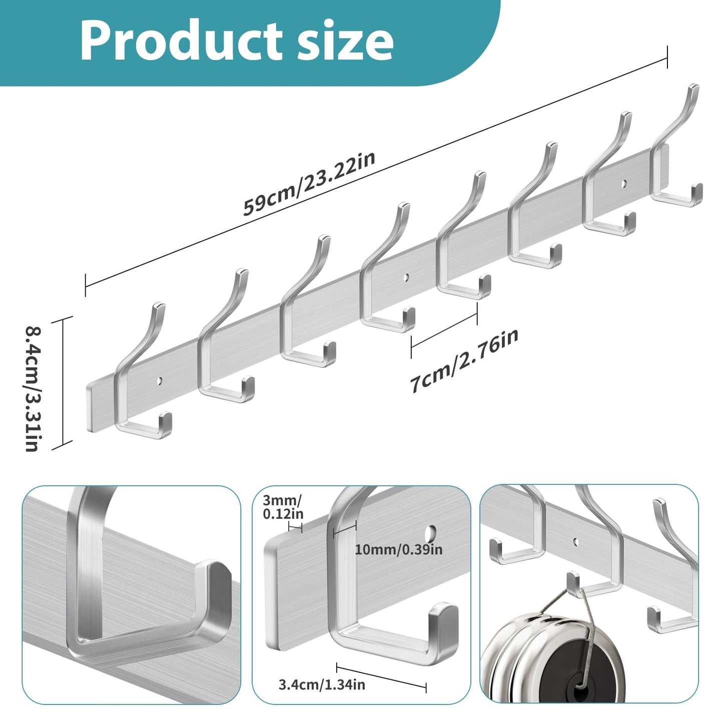 MEIJO Coat Hooks Wall Mounted Stainless Steel, Silver Coat Rack Wall Mounted with 8 Hooks Heavy Duty Coat Hooks for Door, Bathroom, Bedroom, Kitchen