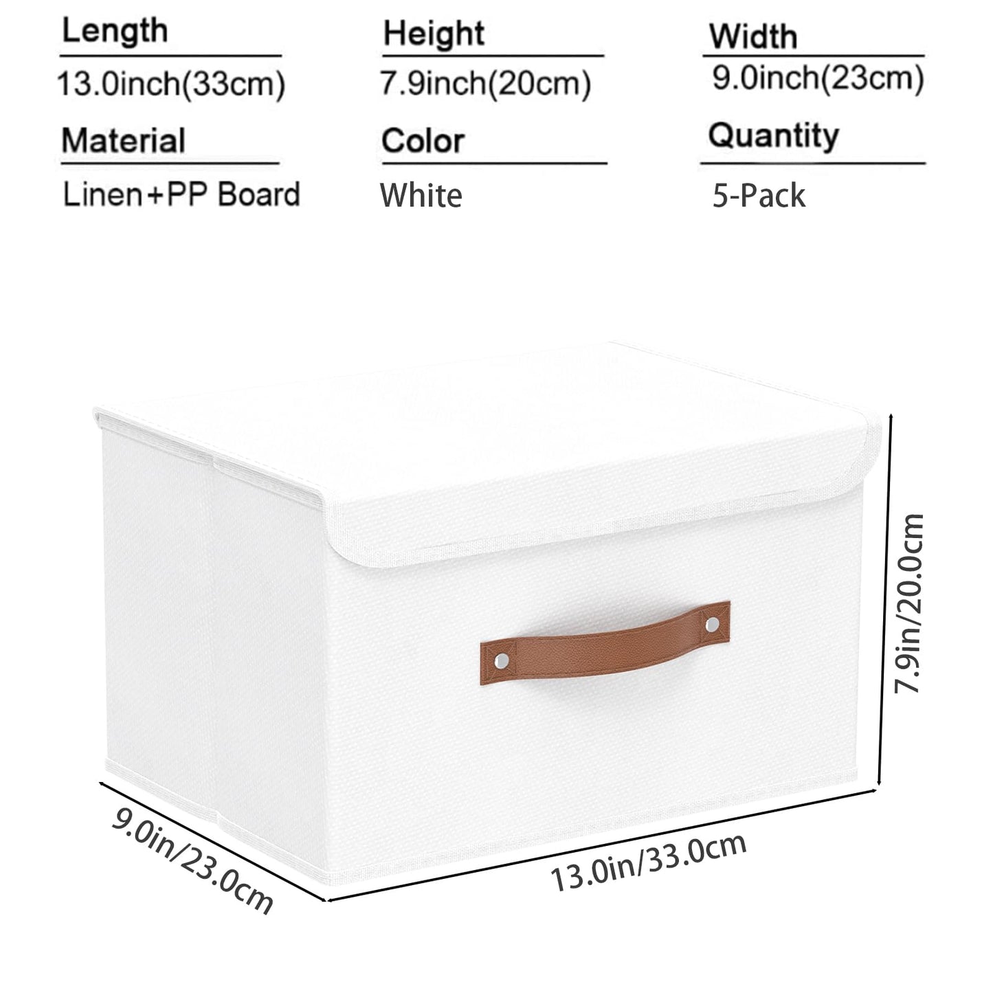 Yawinhe Foldable Storage Boxes, 5 Pack Fabric Baskets,33x23x20cm,White