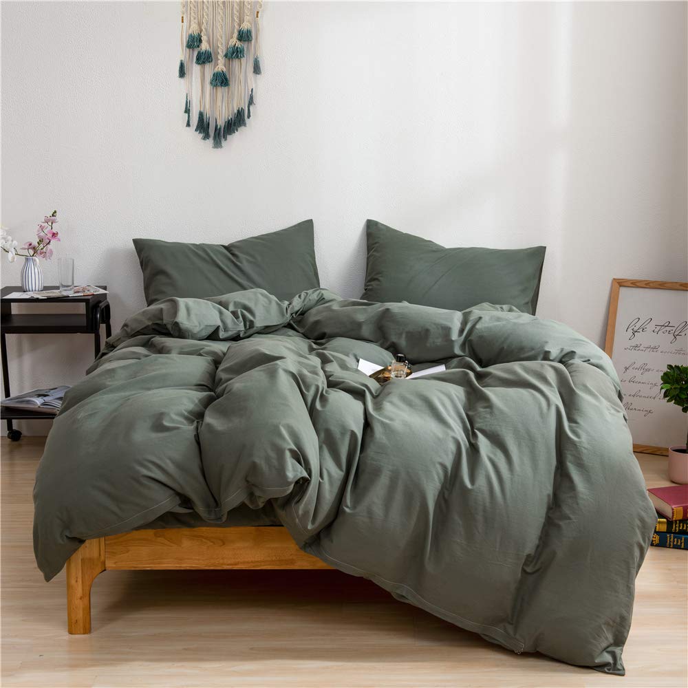 Ruccit Sage Green Duvet Cover Set Double Bed 100% Washed Cotton Double Duvet Cover Kids Teens 3pcs Simple Plain Farmhouse Bedding Set Zipper