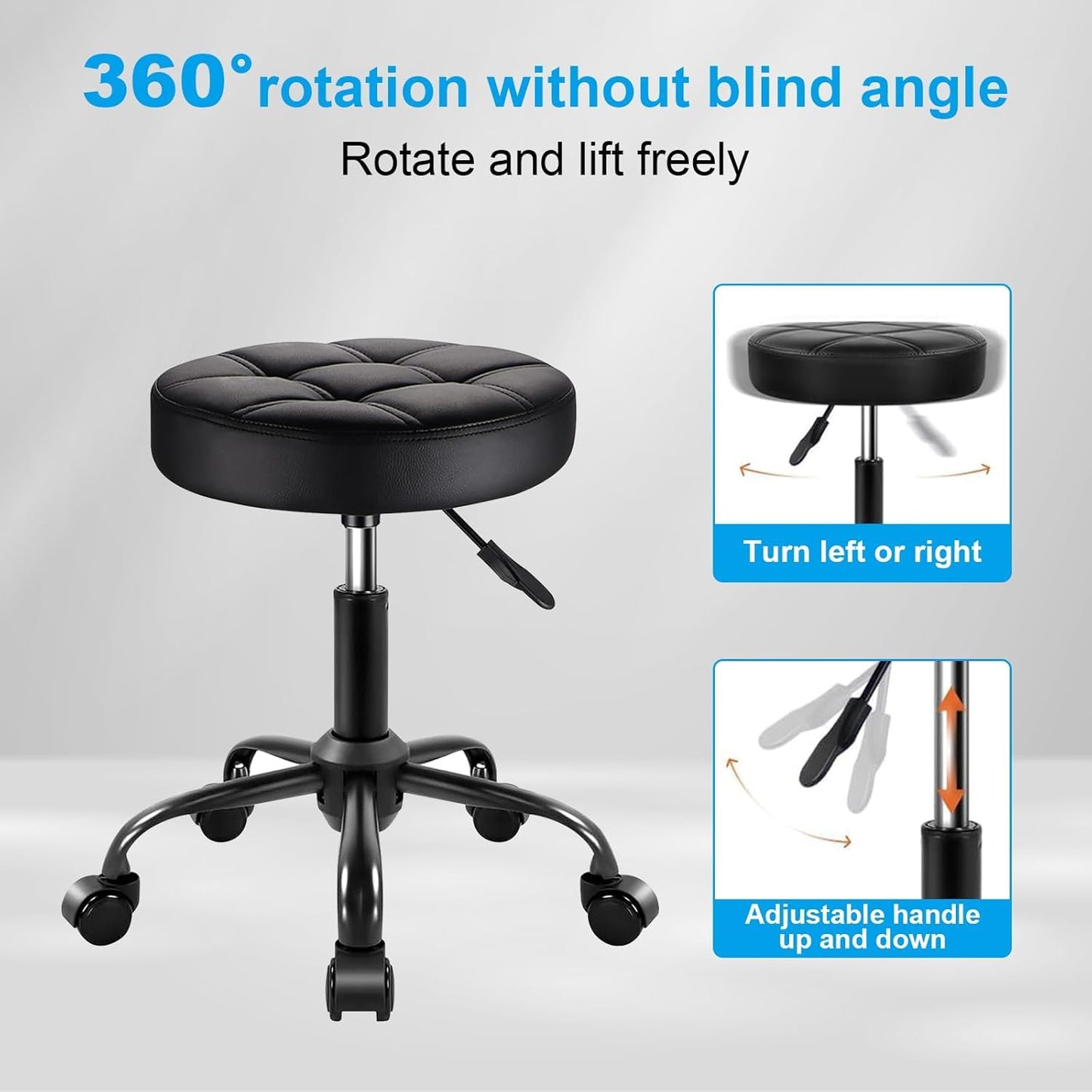 Jconly Round Rolling Stool with Wheels, Black PU Leather Round Office Stool Adjustable Height (46-59cm) Beauty Chair for Home Office Salon