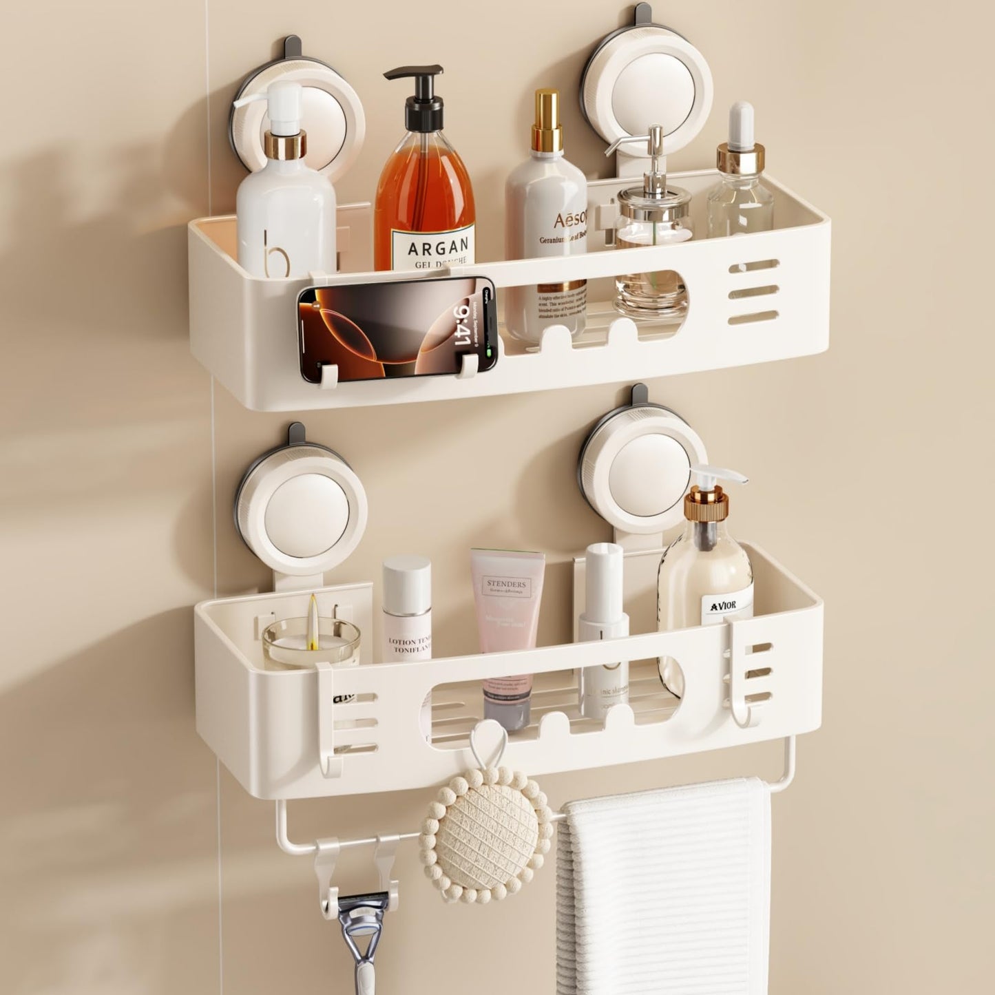Voldra Shower Caddy Suction Cup, Adhesive Bathroom Shelves Shower Storage Wall Mounted Aluminum Bathroom Caddy Stick on Shower Organiser Rack With 4