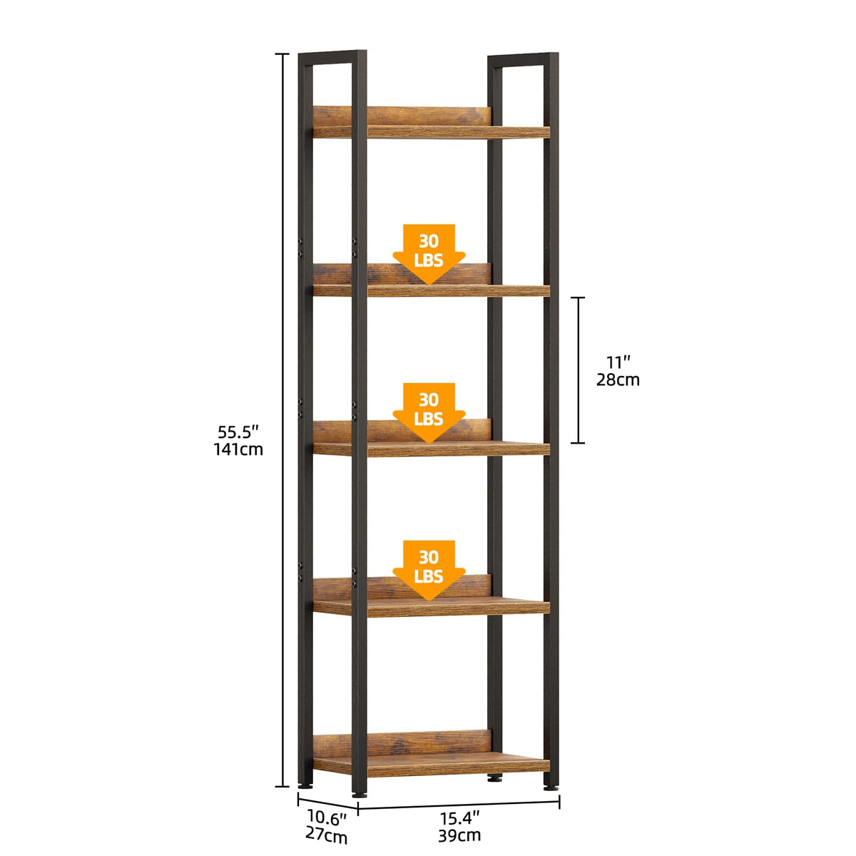 APPOLYN 5 Tier Slim Bookshelf, Bookcase with Backboard, Rustic Brown