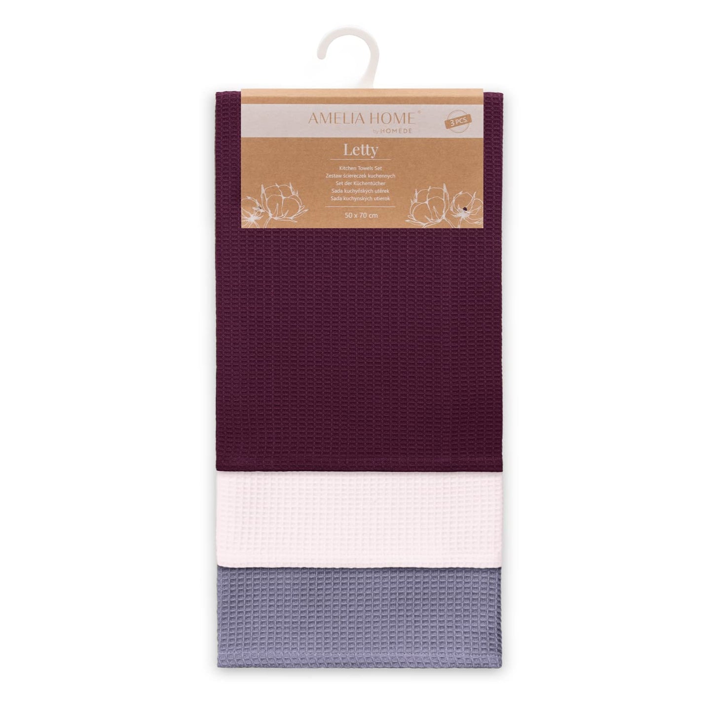 AmeliaHome Set of 3 tea towels, cotton, kitchen towels, 50 x 70 cm, waffle pique, waffle fabric, Letty purple, powder pink