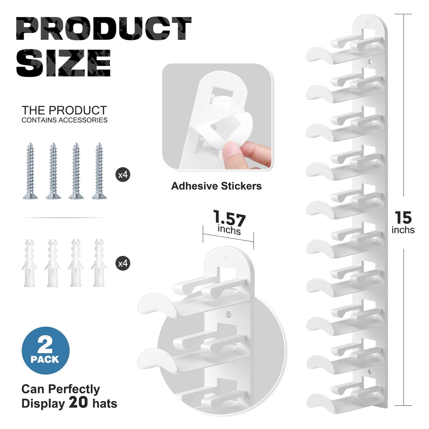 Jcocylse Hat Storage for Wall Mount – Baseball Cap Storage & Cap Holder, Space-Saving Hat Rack with Hooks for Hanging Caps (White)