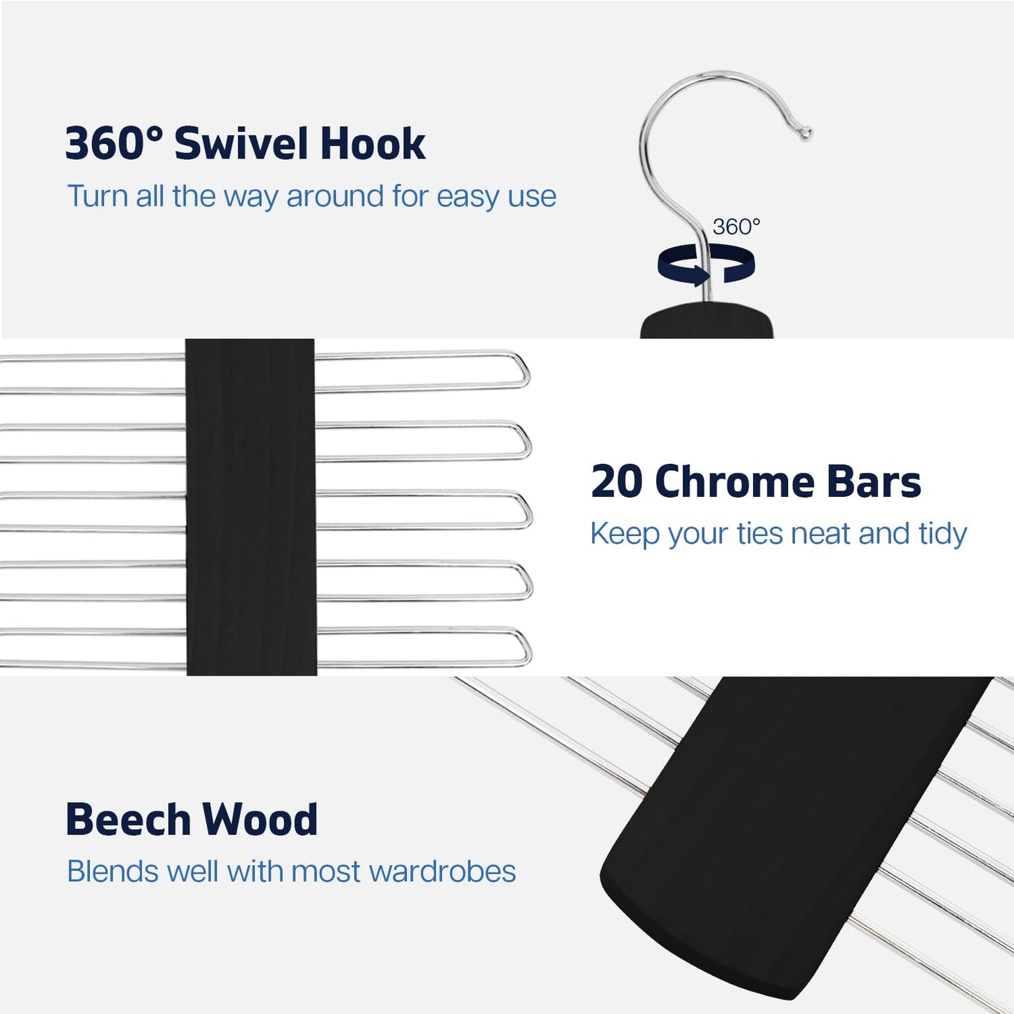 Tie Hanger for Wardrobe | Wooden Tie Organiser for Men with 20 Non-Slip Chrome Bars