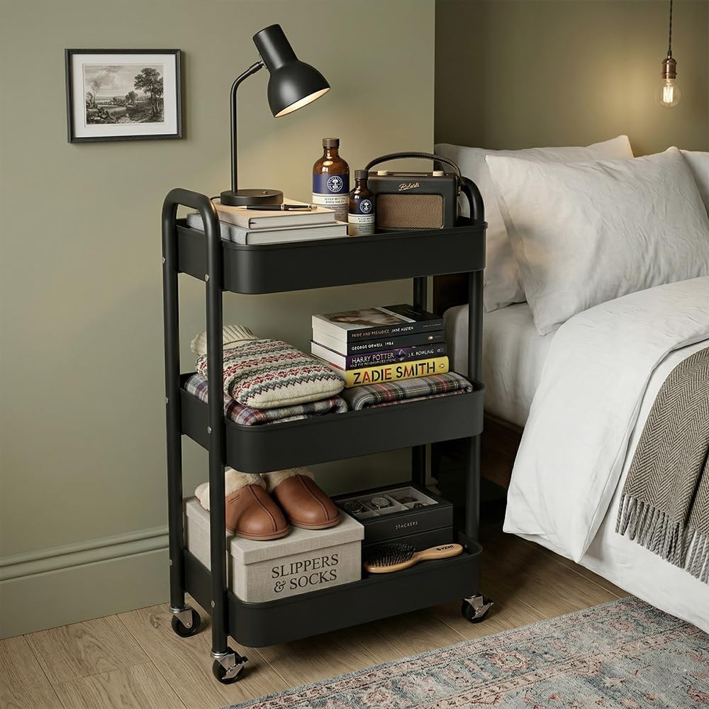 BSTHOK Storage Rolling Cart Trolley Metal Mobile Shelving Organiser with 360° Swivel Wheels for Kitchen, Bedroom