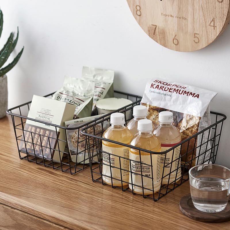 LOSYHU 4 Pack Black Wire Storage Baskets, Wire Organiser Baskets with Handles, Metal Chest Freezer Baskets Wire Organizer Bins for Fridge Shelf