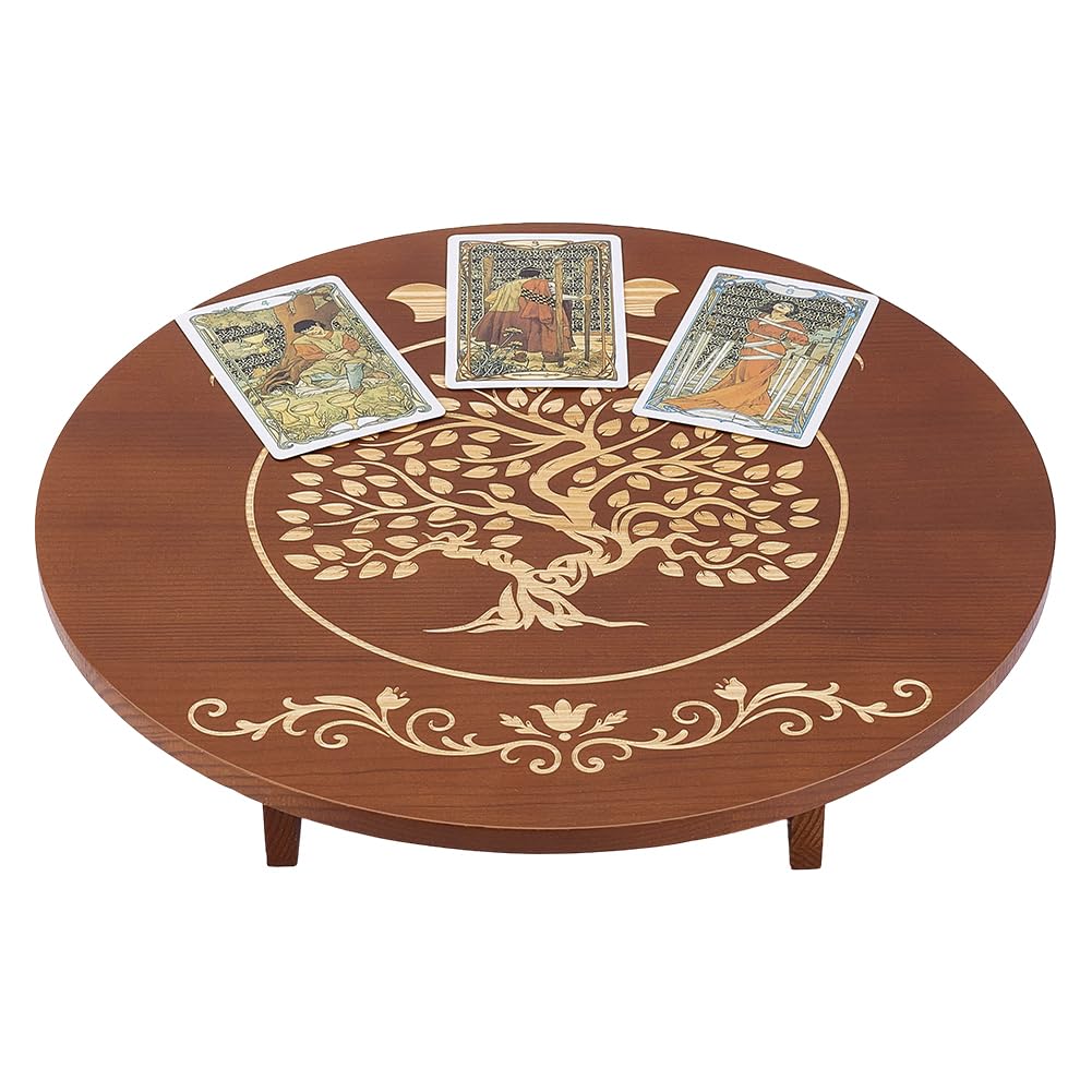 PH PandaHall Altar Table, 11.8x2.7 Inch Round Wooden Meditation Table Engraved Moon Tree of Life Patterns Wiccan Tables for Room Engraved Mystic