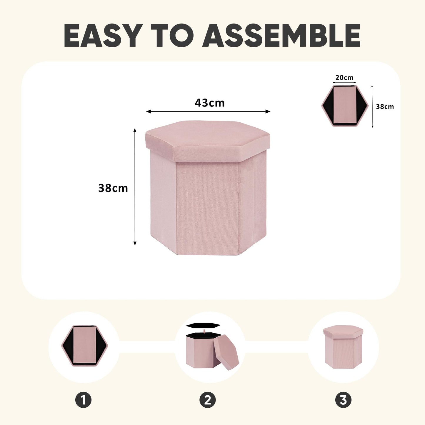 PINPLUS Hexagonal Storage Ottoman, Velvet Foldable Footstool, Pink