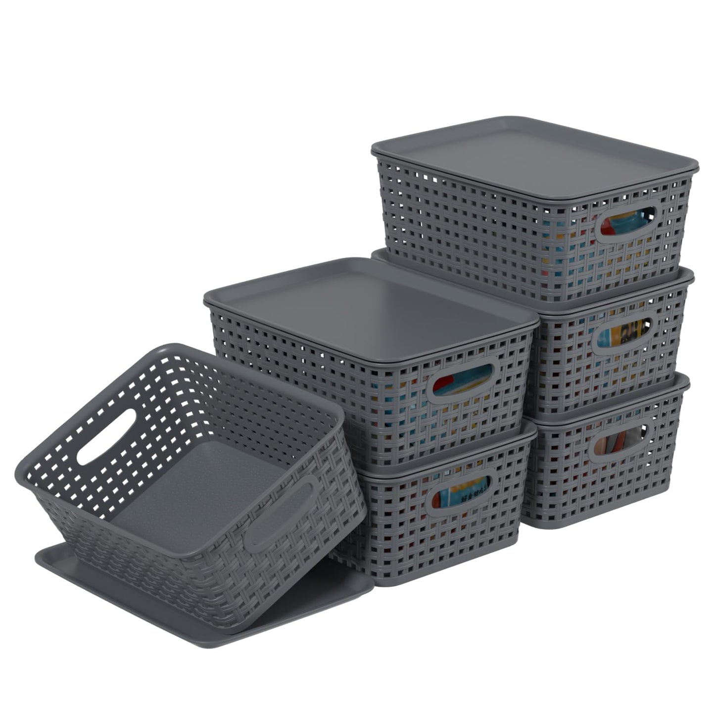 Vadidiya 6 Pack Plastic Weave Storage Baskets with Lids, Grey lidded Bins