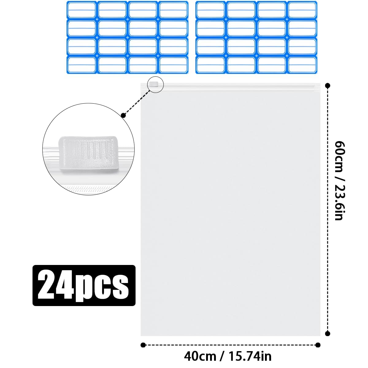 Reusable Zip Lock Bags, 24pcs 40x60cm Plastic Travel Storage Organiser No Holes Hospital Pouches Frosted Waterproof Ziplock Bags for Clothes, Shoes