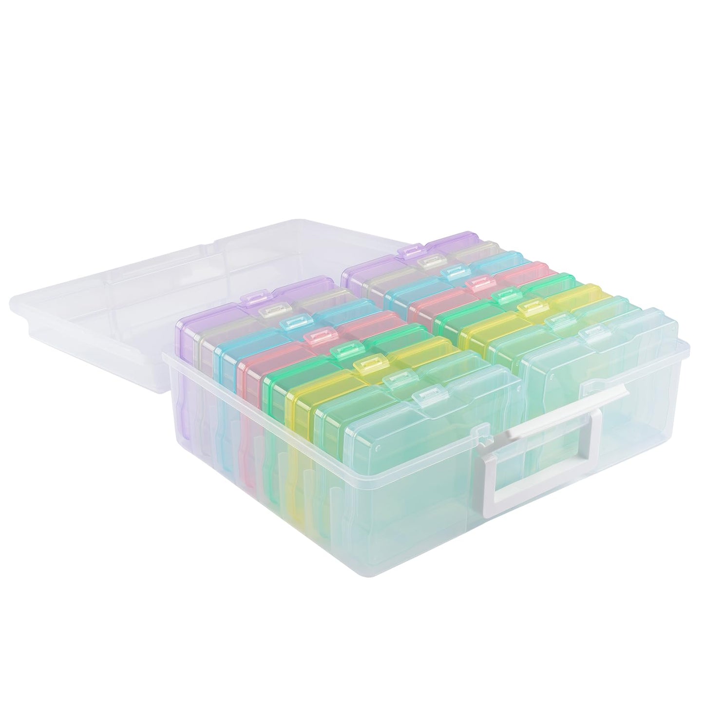Vaessen Creative Plastic Storage Box with Lid 37,5 x 30 x 13 cm - 16 Cases of 17 x 12 x 3 cm in 8 Colours - Clear Organiser for Sewing, Diamond Art