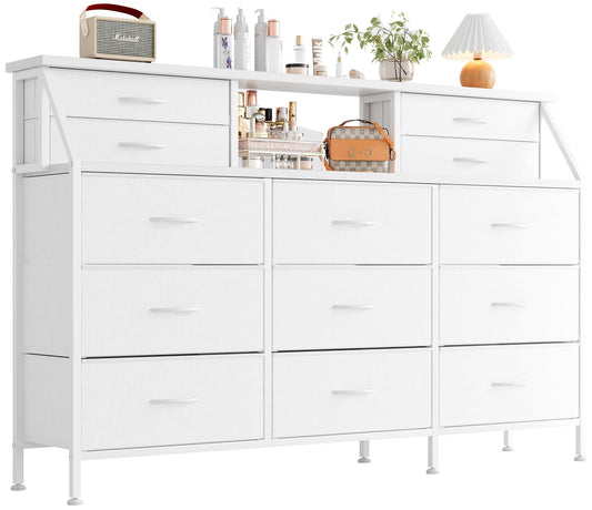 MUTUN Dresser for Bedroom with 13 Drawers, 55? Wide Chest of Drawers, Fabric Dresser with 2 Wooden Shelves, Storage Organizer Unit with Fabric Bins